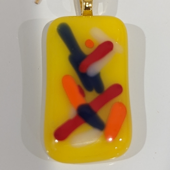 Artisan Handmade fused glass yellow abstract earrings with gold hooks - Picture 3 of 3
